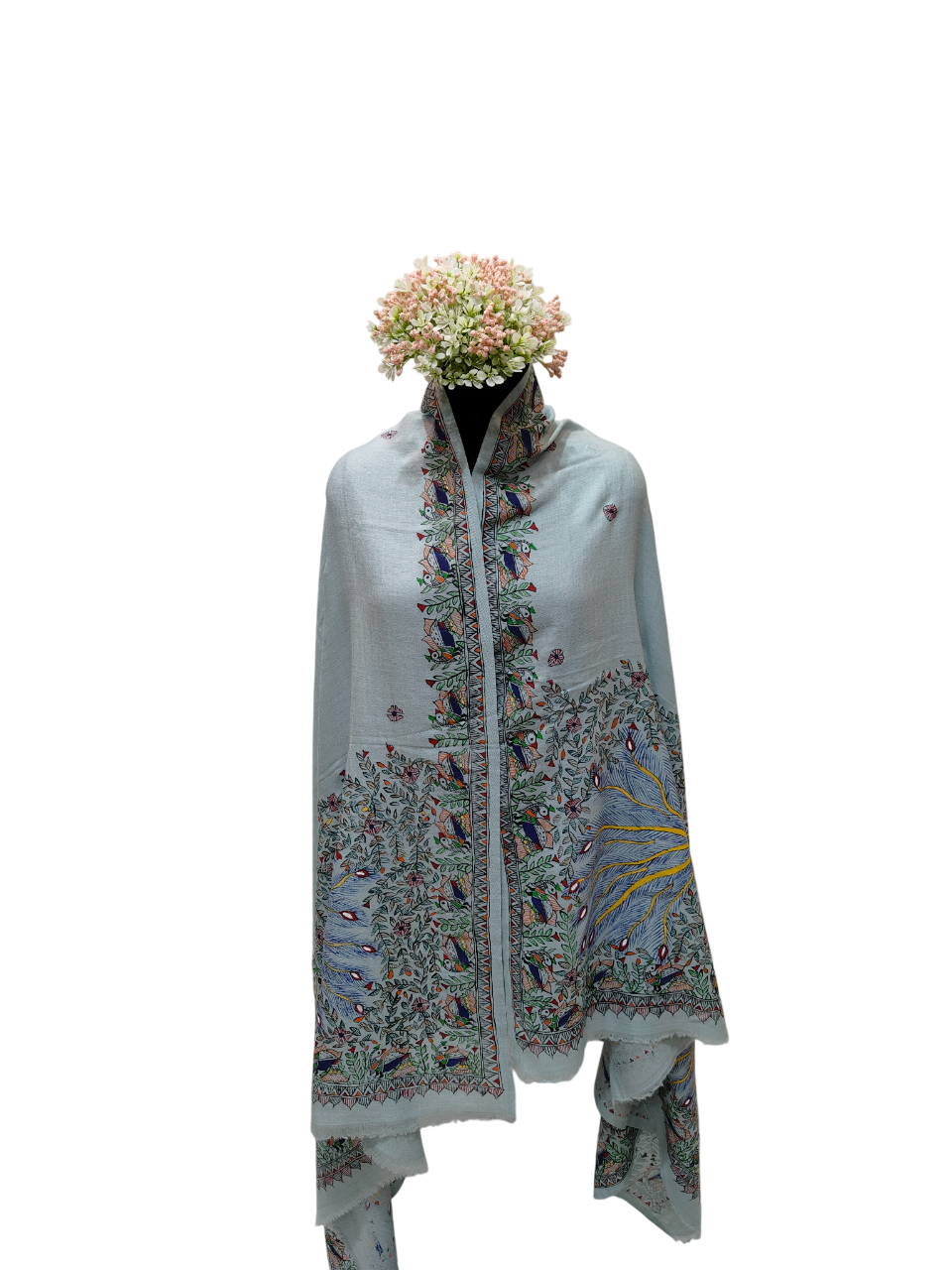 Elegant Handpainted Madhubani Pashmina Shawl on Pastel Blue